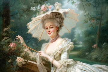 charming Rococo portrait of a young woman, set in an idyllic park setting, wearing a delicate dress and holding a parasol, surrounded by blooming flowers, generative ai