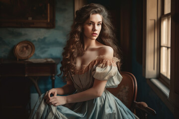 Classic portrait of a woman with flowing hair and elegant dress in a Romantic era setting, generative ai