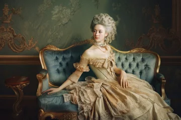 Deurstickers Charming portrait of a young woman with delicate features, adorned with a powdered wig and a lacy dress, sitting on a lavish sofa in an opulent Rococo salon, generative ai © aicandy