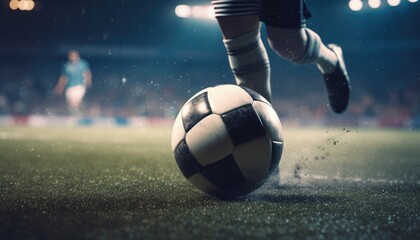 Foot of football player hitting soccer ball fast in stadium. Generative AI