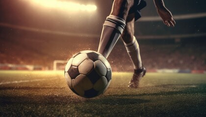 Foot of football player hitting soccer ball fast in stadium. Generative AI