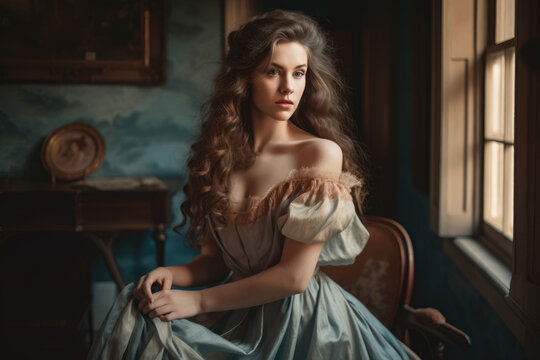 Classic portrait of a woman with flowing hair and elegant dress in a Romantic era setting, generative ai