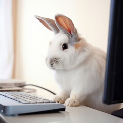 Adorable Easter Bunny Typing on Laptop, Generative AI