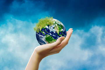 Globe in hands over blue sky background. Earth day concept.Save of earth. Generative ai 