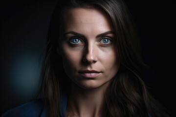 Close-up portrait of a confident woman with piercing blue eyes and flowing brunette hair, standing in front of a dark background, generative ai