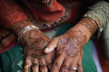 Close-up Portrait of a Nomadic Woman with Intricate Henna Tattoos on her Hands, generative ai