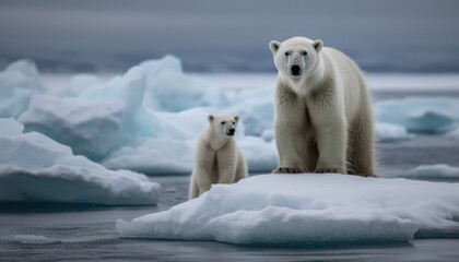 Obraz na płótnie Canvas Photograph of a polar bear and its cub, which was left in the middle of the glaciers as the ice melted. Generative AI