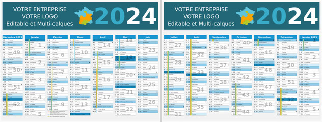 Calendrier 2024 14 mois au format 320 x 420 mm recto verso entièrement modifiable via calques et texte sans serif	 - vacances officielles
