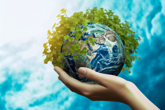 Globe in hands covered with green plants. Earth day concept. Saving the earth. Generative ai