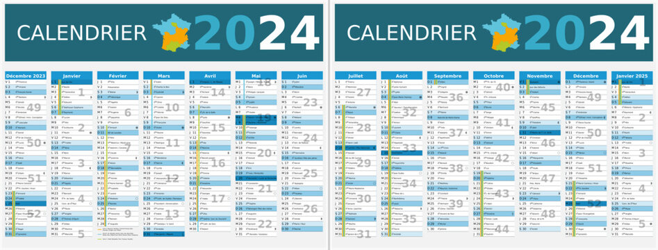 Calendrier 2024 14 mois au format 320 x 420 mm recto verso enti&egrave;rement modifiable via calques et texte sans serif - vacances officielles
