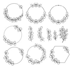 Set of eucalyptus circle wreath, Eucalyptus branch leaves, Round split monogram vector border, 
Set of frames, Wedding logo monogram, Minimalist logo