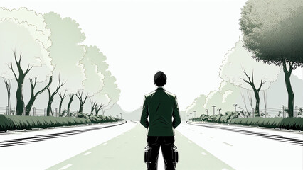 Obraz premium illustration back view of a man staying on a empty road and looking into distant horizon some trees on sides, generative AI