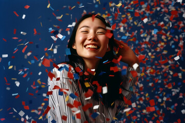 excited happy asian woman in red white and blue confetti rain celebrating - Generative AI