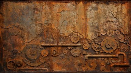 Rusty gears in old iron metal wall background texture generative ai