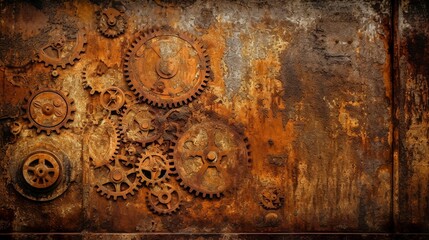 Rusty gears in old iron metal wall background texture generative ai