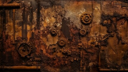 Rusty gears in old iron metal wall background texture generative ai