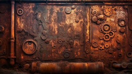 Rusty gears in old iron metal wall background texture generative ai