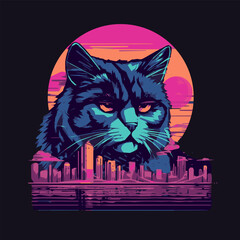 Cat and night neon city. Retrowave style. Vector illustration