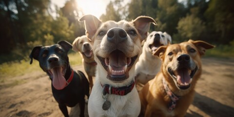 A cute group of dogs taking a selfie on a cell phone camera. Generative AI - obrazy, fototapety, plakaty