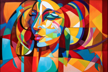 Cubist Woman in Dynamic Abstraction with Overlapping Shapes and Vibrant Colors, generative ai