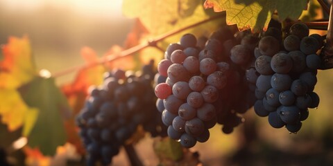 Vineyard closeup in sunny morning light. Generative AI