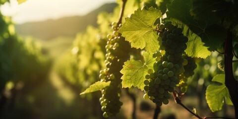 Vineyard closeup in sunny morning light. Generative AI