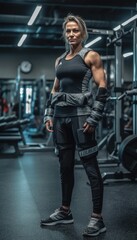Naklejka na ściany i meble Muscular bodybuilder female athlete demonstrates her body in the gym. Generative AI