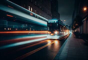 Naklejka na ściany i meble a city street with a bus and cars moving fast at night time with long exposure of the lights on the street. Generative AI