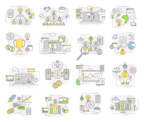 Business and Start-up Development with Chart and Analytics Line Big Vector Composition Set