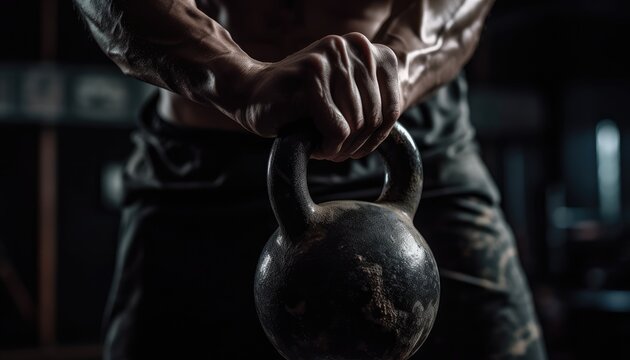 Close-up photo of the athlete doing kettlebell swings with a kettlebell in hand. Generative AI