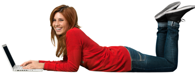 Portrait of beautiful girl using laptop and laughing while laying on a white background