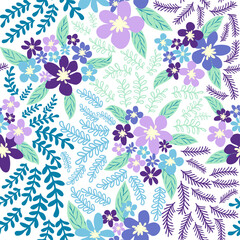Fantasy seamless floral pattern with blue, azure, tsman, lavender flowers and leaves. Elegant template for fashion