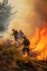Firefighters putting out a forest or mountain fire. Copy space. Generative IA. 6