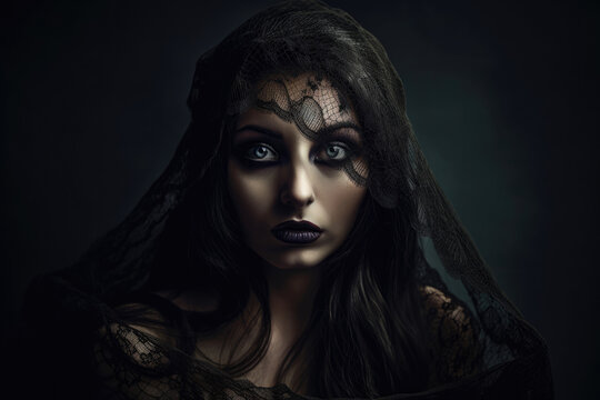Dark beauty portrait of a gothic woman with a haunting stare and intricate black lace veil draped over her hair, generative ai
