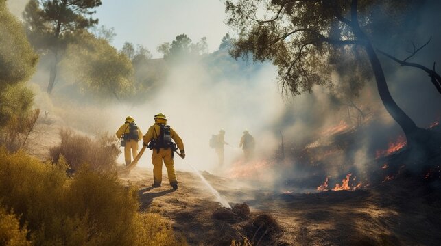 Firefighters putting out a forest or mountain fire. Copy space. Generative IA. 2