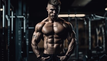 Obraz na płótnie Canvas Muscular bodybuilder male athlete demonstrates her body in the gym. Generative AI
