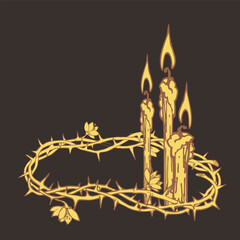Golden crown of thorns and candles on dark background