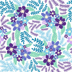 Fantasy seamless floral pattern with blue, azure, tsman, lavender flowers and leaves. Elegant template for fashion
