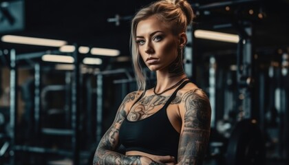 Obraz na płótnie Canvas Muscular bodybuilder female athlete demonstrates her body in the gym. Generative AI