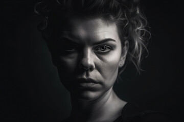 Dramatic portrait of a woman with a fierce and intense gaze in monochromatic style, generative ai