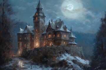 the old Castle in the Night oil painting, generative AI