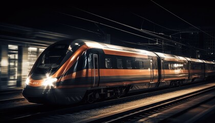 Fototapeta na wymiar Photo of modern high speed train passing through the city at night. Generative AI