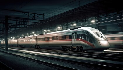 Obraz na płótnie Canvas Photo of modern high speed train passing through the city at night. Generative AI