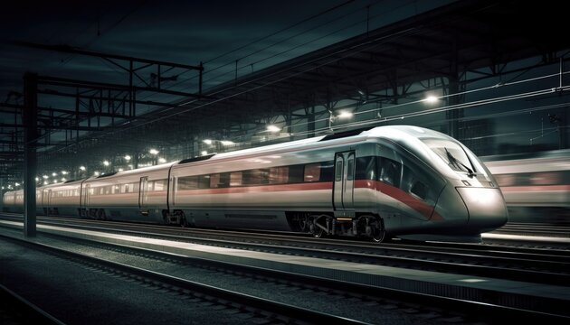 Photo of modern high speed train passing through the city at night. Generative AI