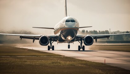 Fototapeta na wymiar Close-up shot of the plane landing on the runway. Generative AI