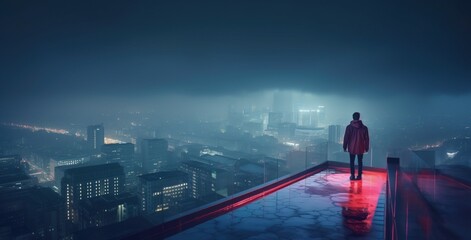 A businessman in a suit stands on top of a skyscraper on a blurred cyberpunk futuristic city panorama background with bright neon lights. Photorealistic Generative AI illustration.