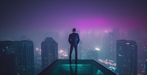 A businessman in a suit stands on top of a skyscraper on a blurred cyberpunk futuristic city panorama background with bright neon lights. Photorealistic Generative AI illustration.