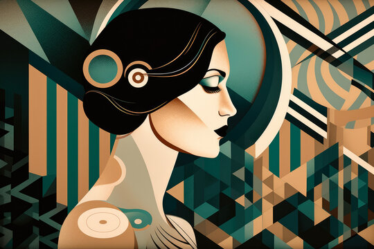 Elegant Art Deco portrait of a woman with a vintage twist, featuring bold geometric patterns and a dramatic color palette, generative ai