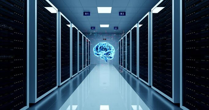 Artificial Intelligence Powered Cloud computing. Server racks behind glass panels. Technology Related 4K 3D Animation.