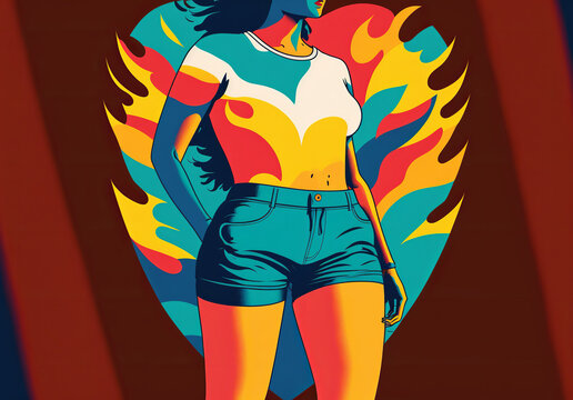 Woman wearing fitted jean shorts, representing the concept of self confidence and body positivity. Graphic with bright shapes and colors. Generative AI